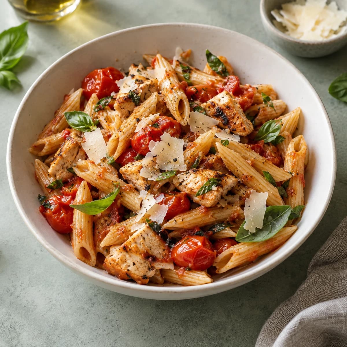 Penne with grilled chicken, cherry tomatoes and fresh basil
