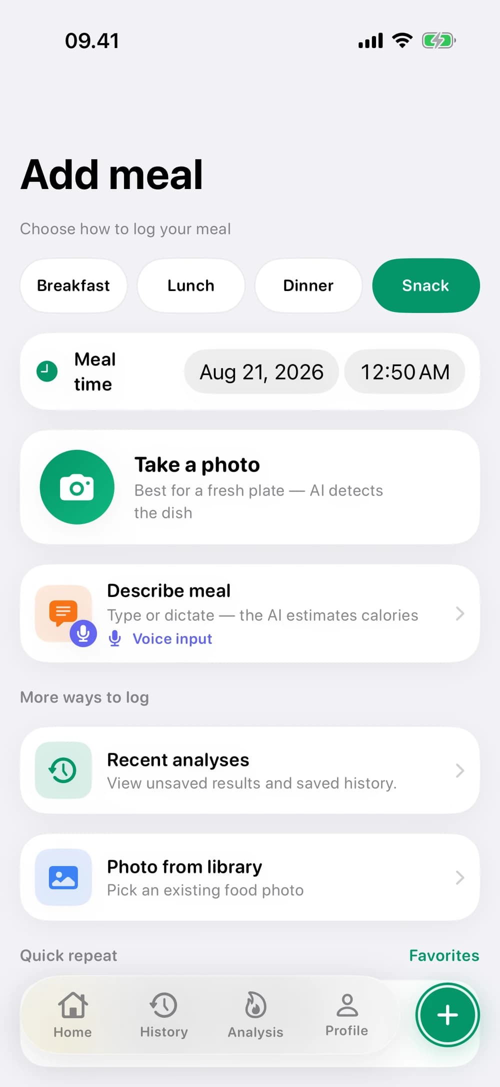 NutriGuide iOS: choose photo, voice or text to add a meal