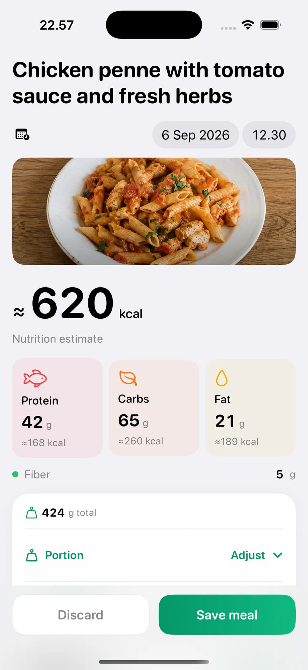 NutriGuide iOS: review a meal with calorie and macro estimates